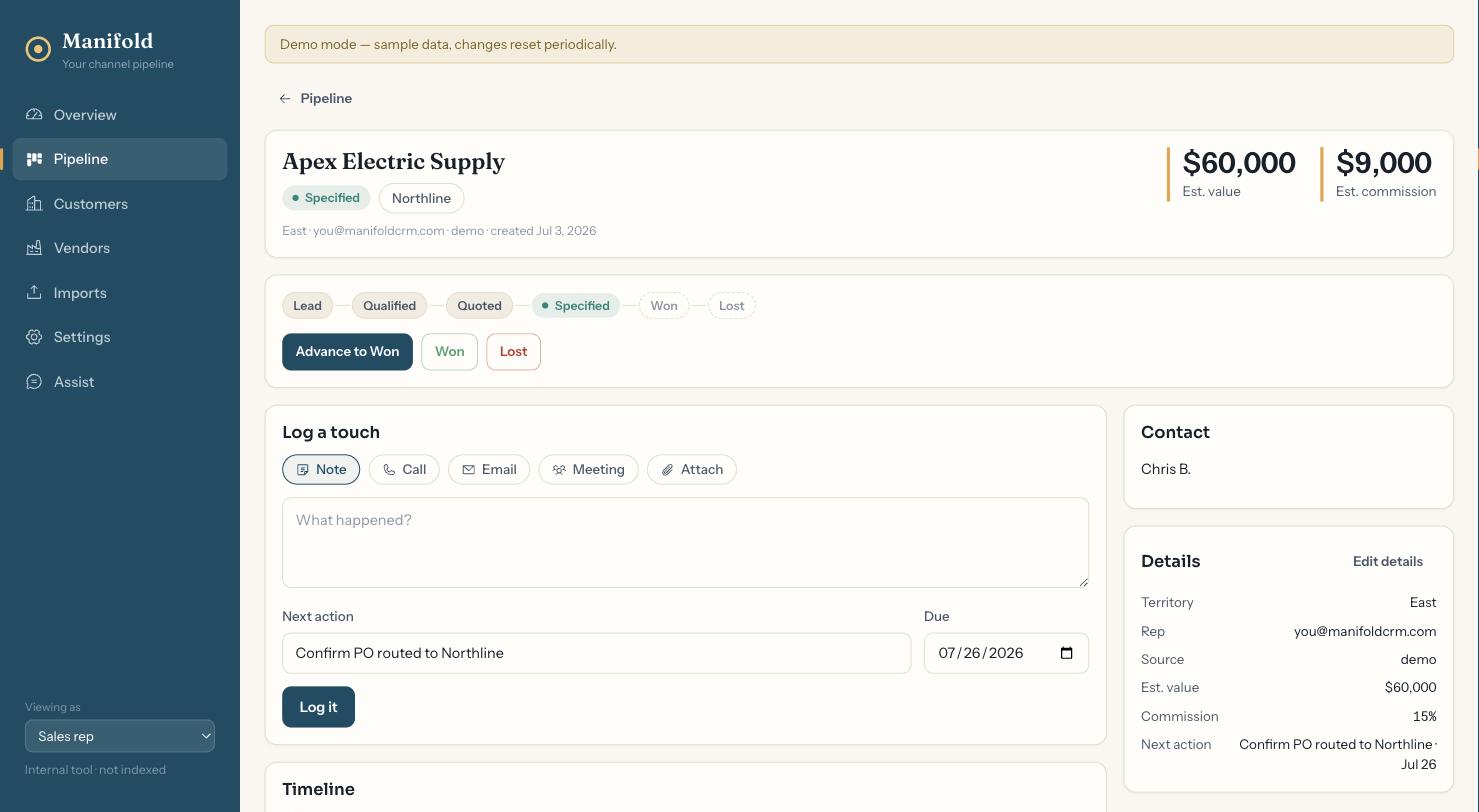 Manifold deal detail — the specified stage highlighted on the pipeline stepper, with contact, next action and a running timeline.